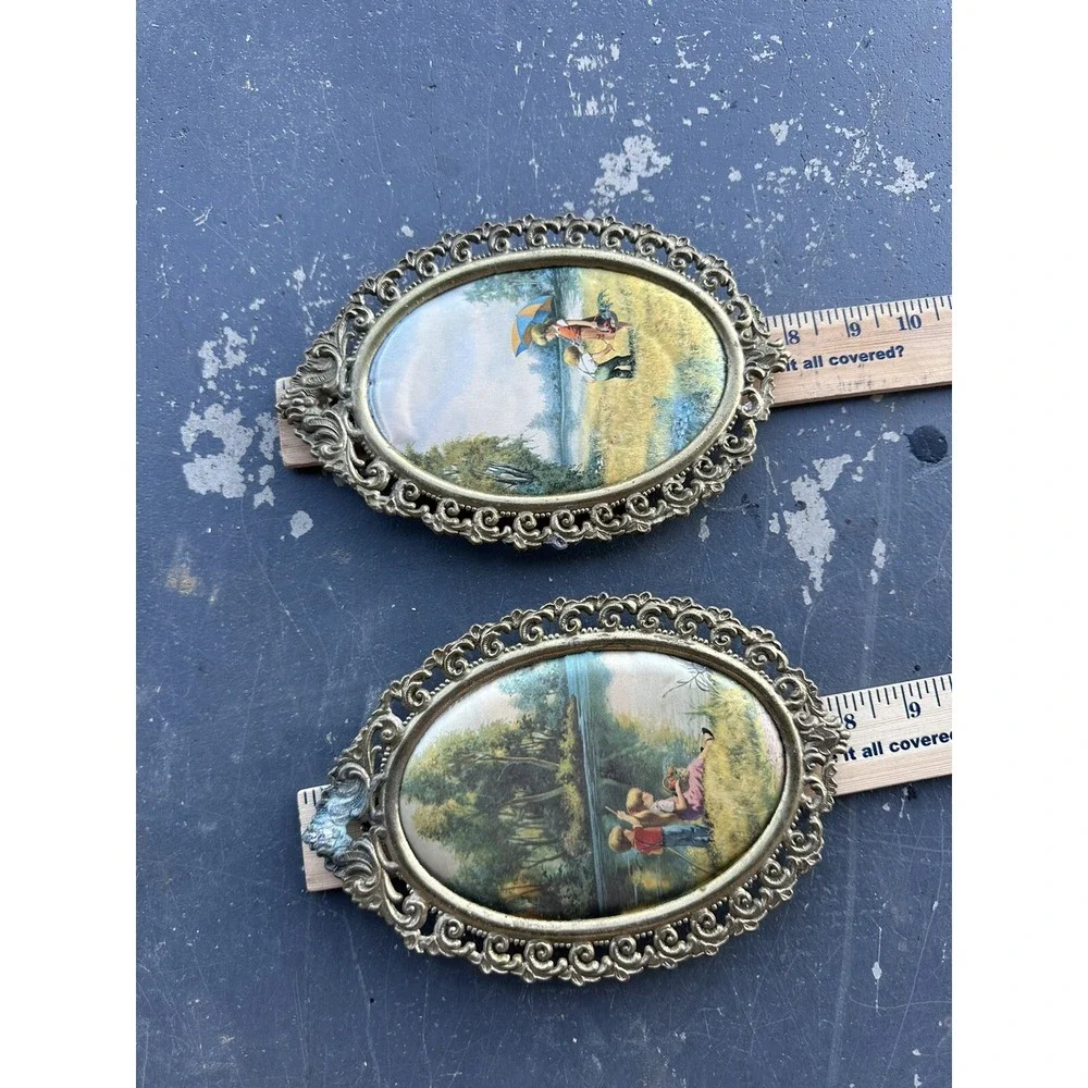 Vintage Victorian Brass Oval Ornate Picture Frames Silk Children‎ Outdoors X2